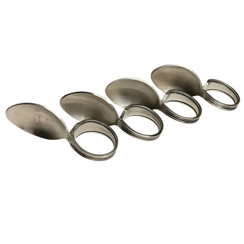 Set Of Four (4) Bent Spoon Napkin Rings Silvertone Paneled Geometric Design